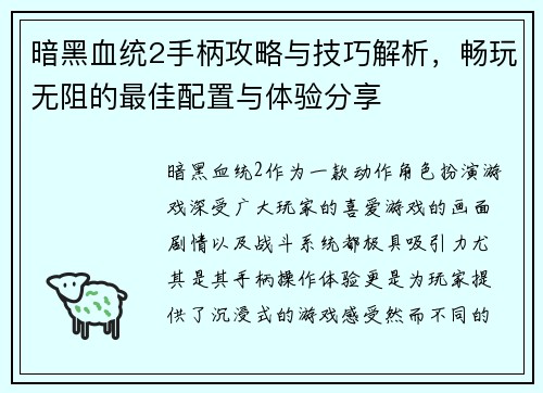 暗黑血统2手柄攻略与技巧解析，畅玩无阻的最佳配置与体验分享